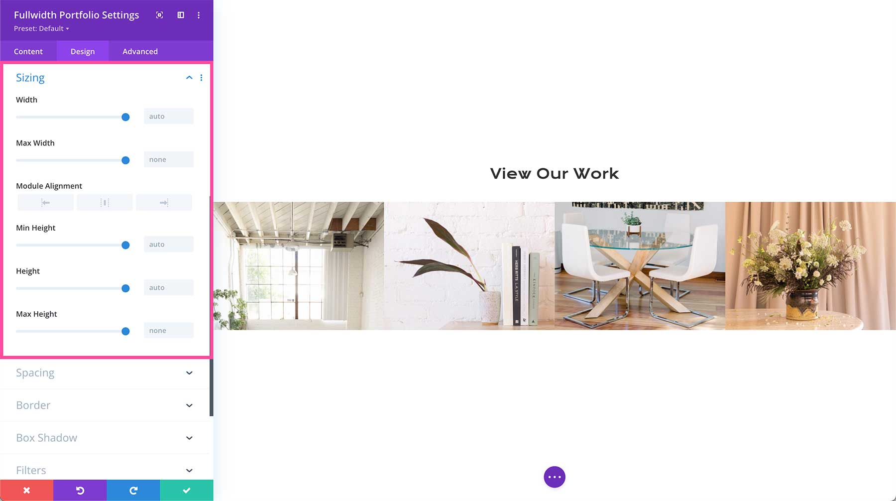 Divi Fullwidth Portfolio sizing