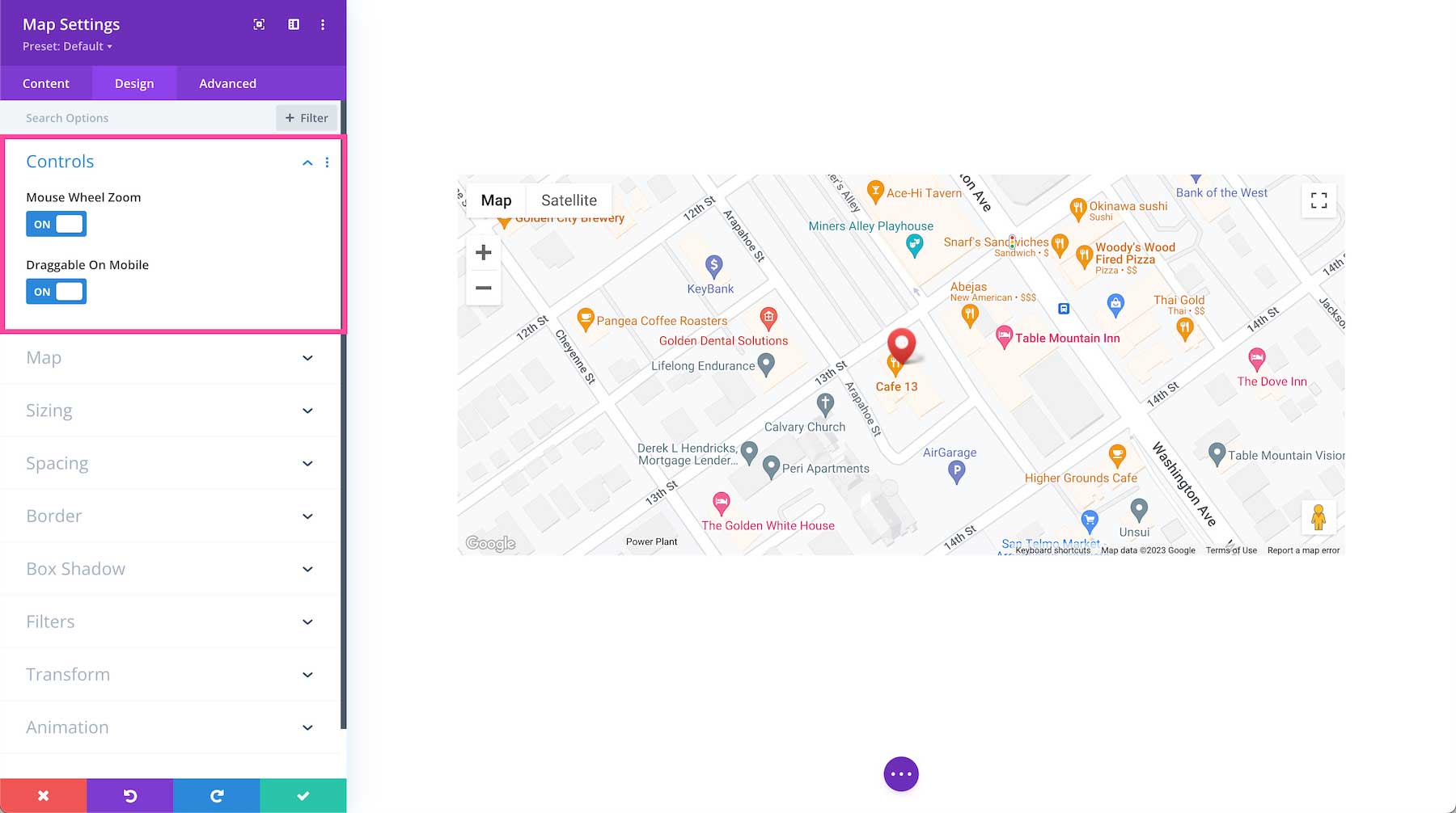 Divi Map Module controls