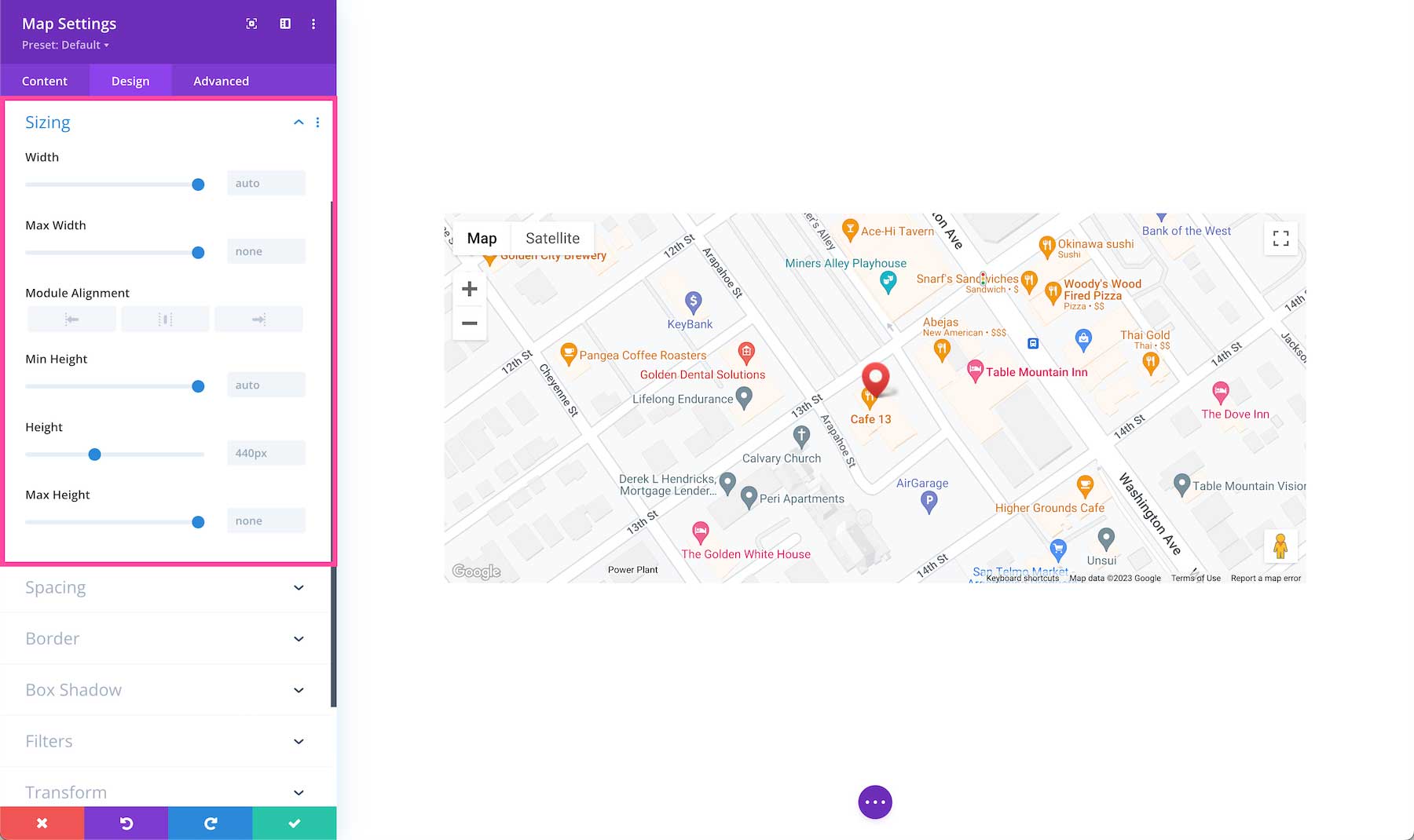 Divi Map Module sizing