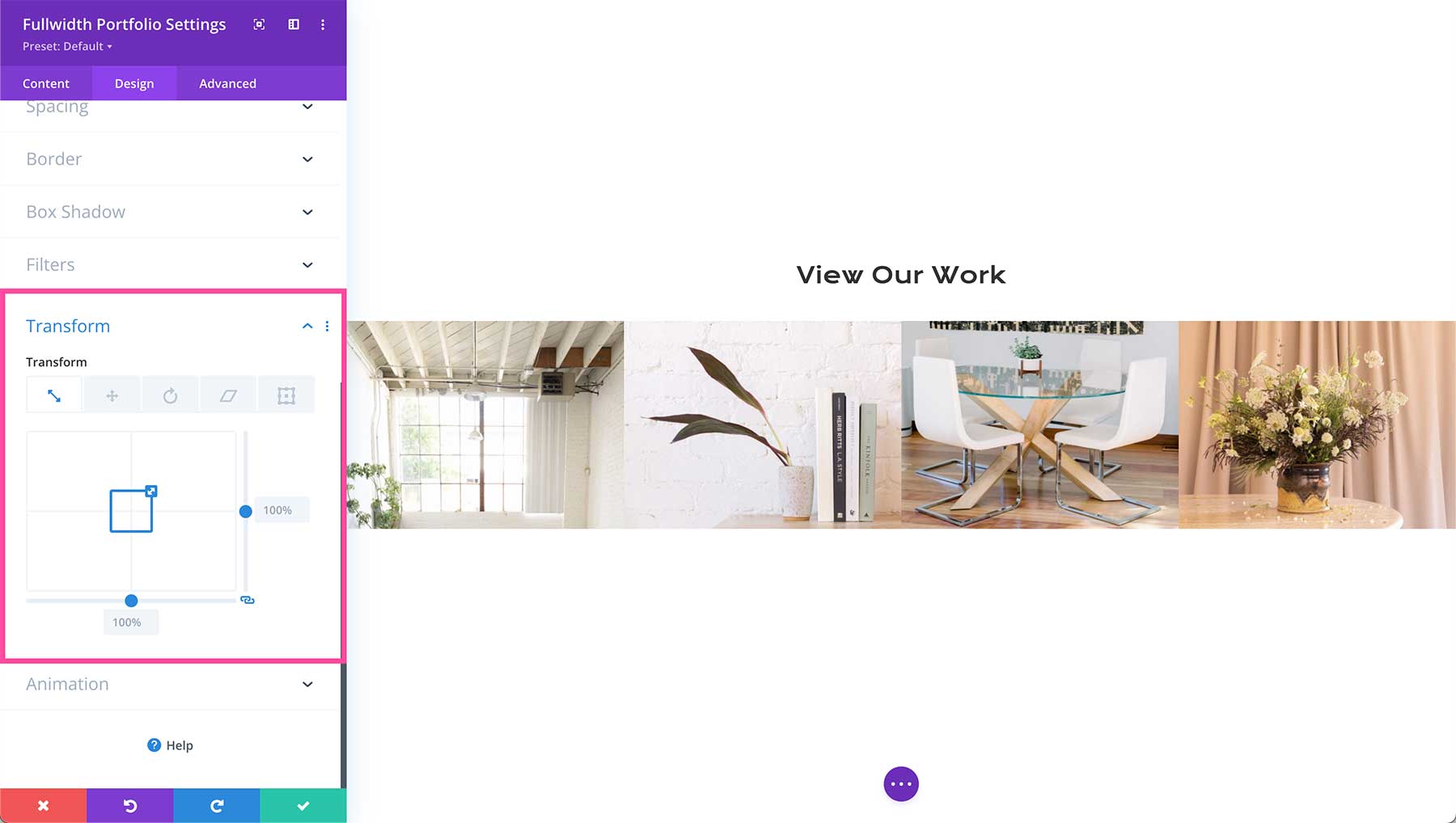 Divi Fullwidth Portfolio transform