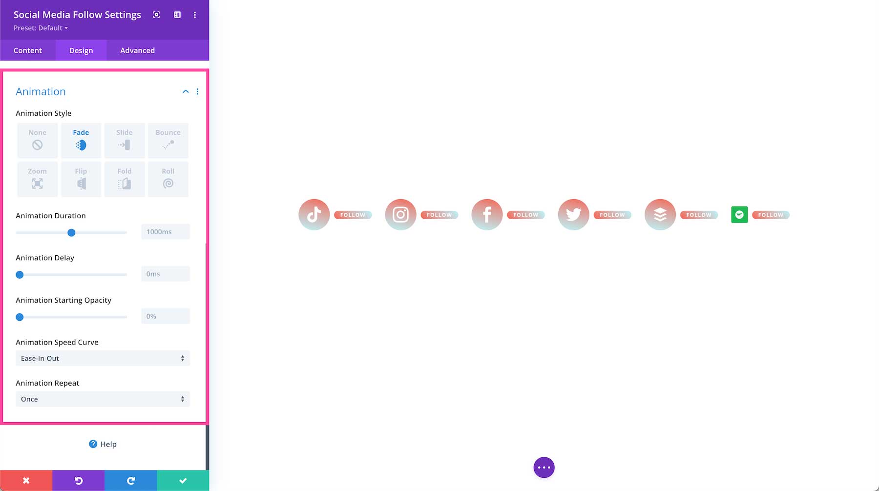 Divi Social Media Module animation