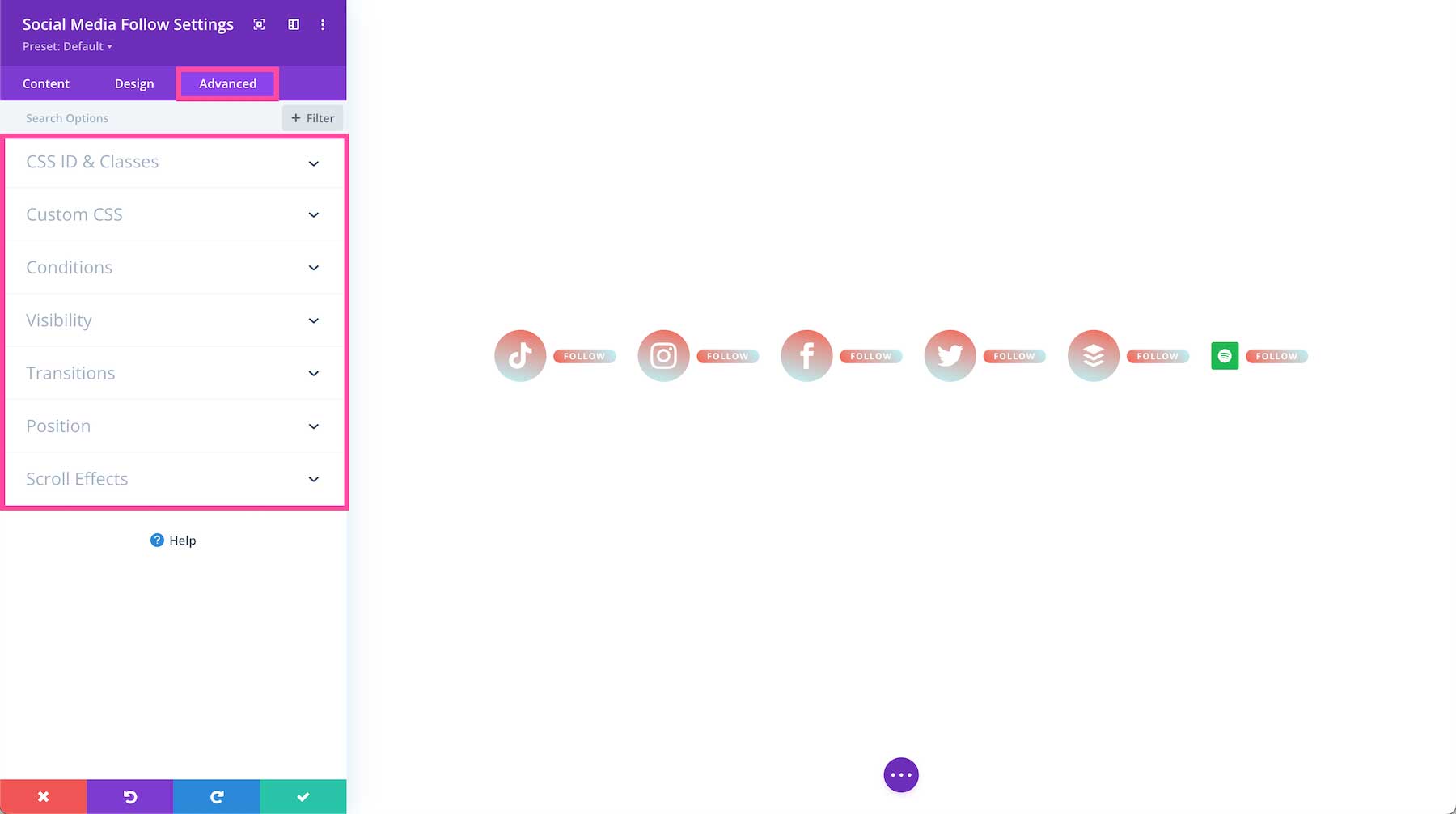 Divi Social Media Module advanced settings