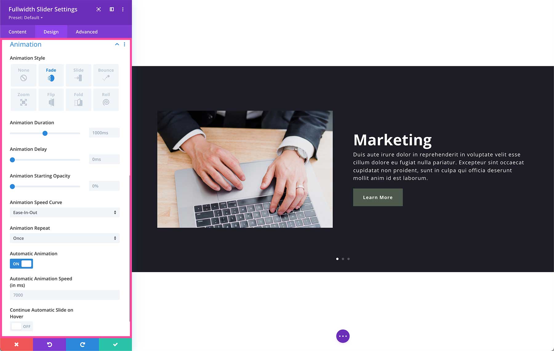 Divi Fullwidth Slider Module animation