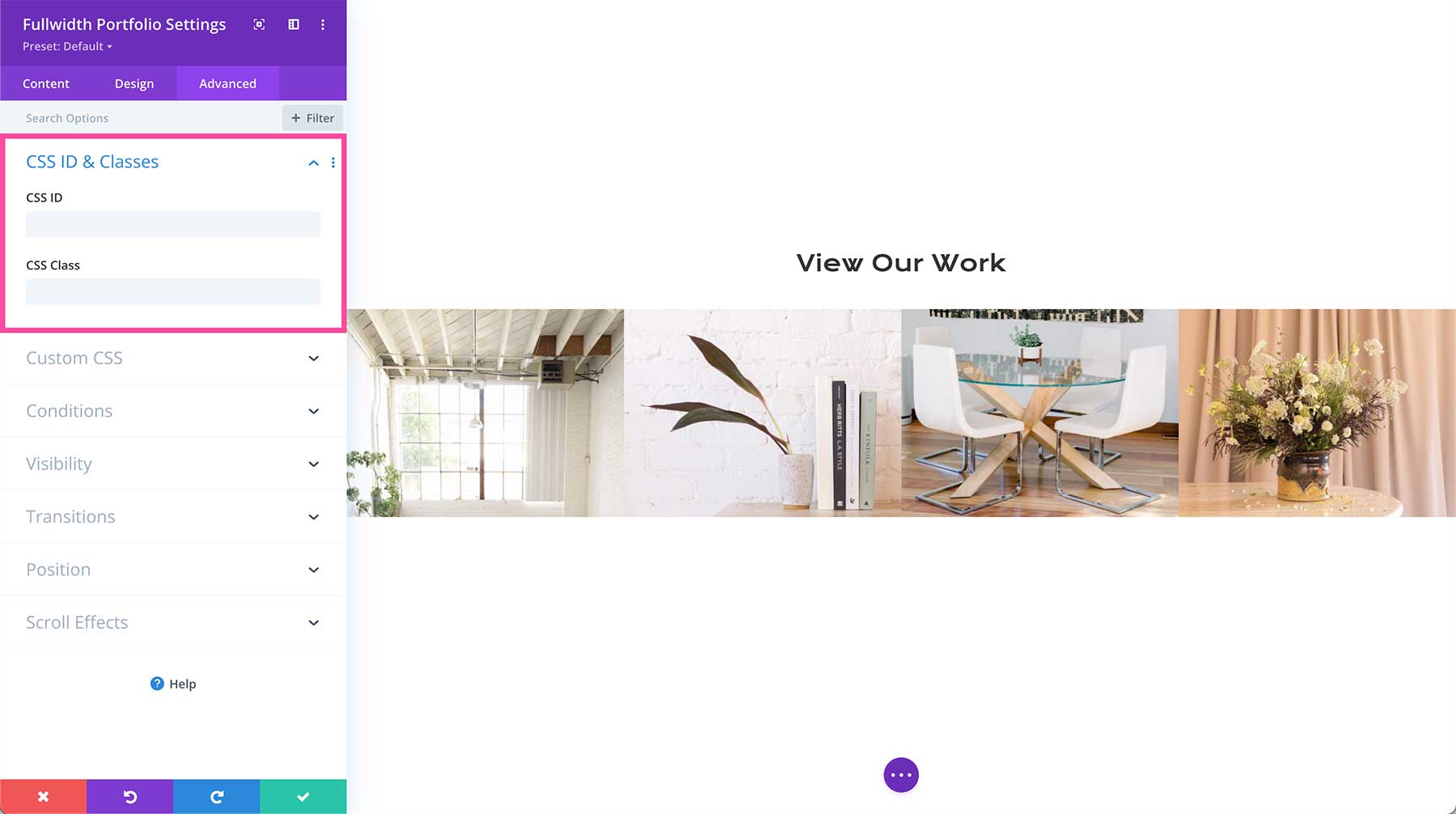 Divi Fullwidth Portfolio css IDs and classes