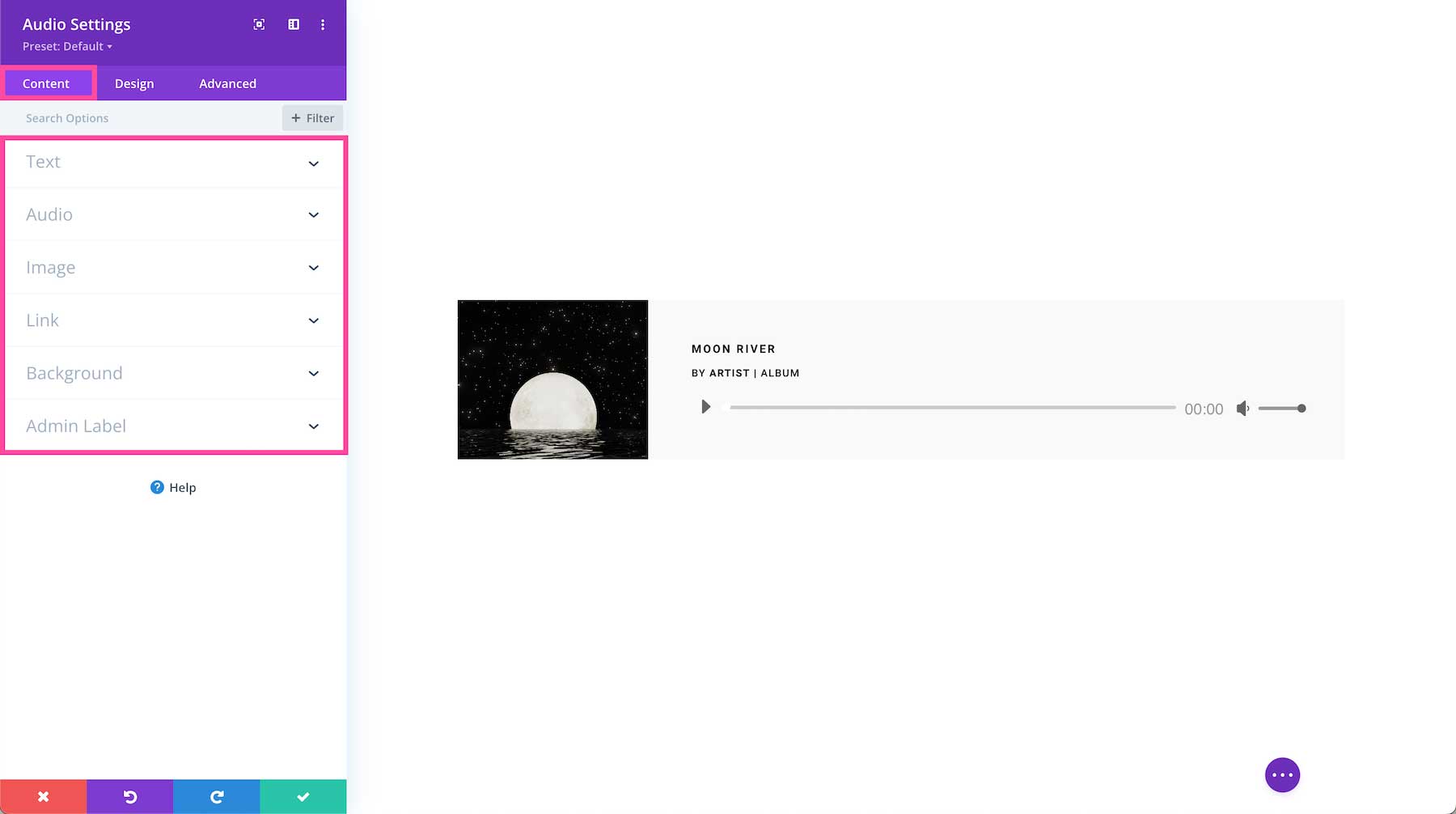 Divi Audio Module content settings