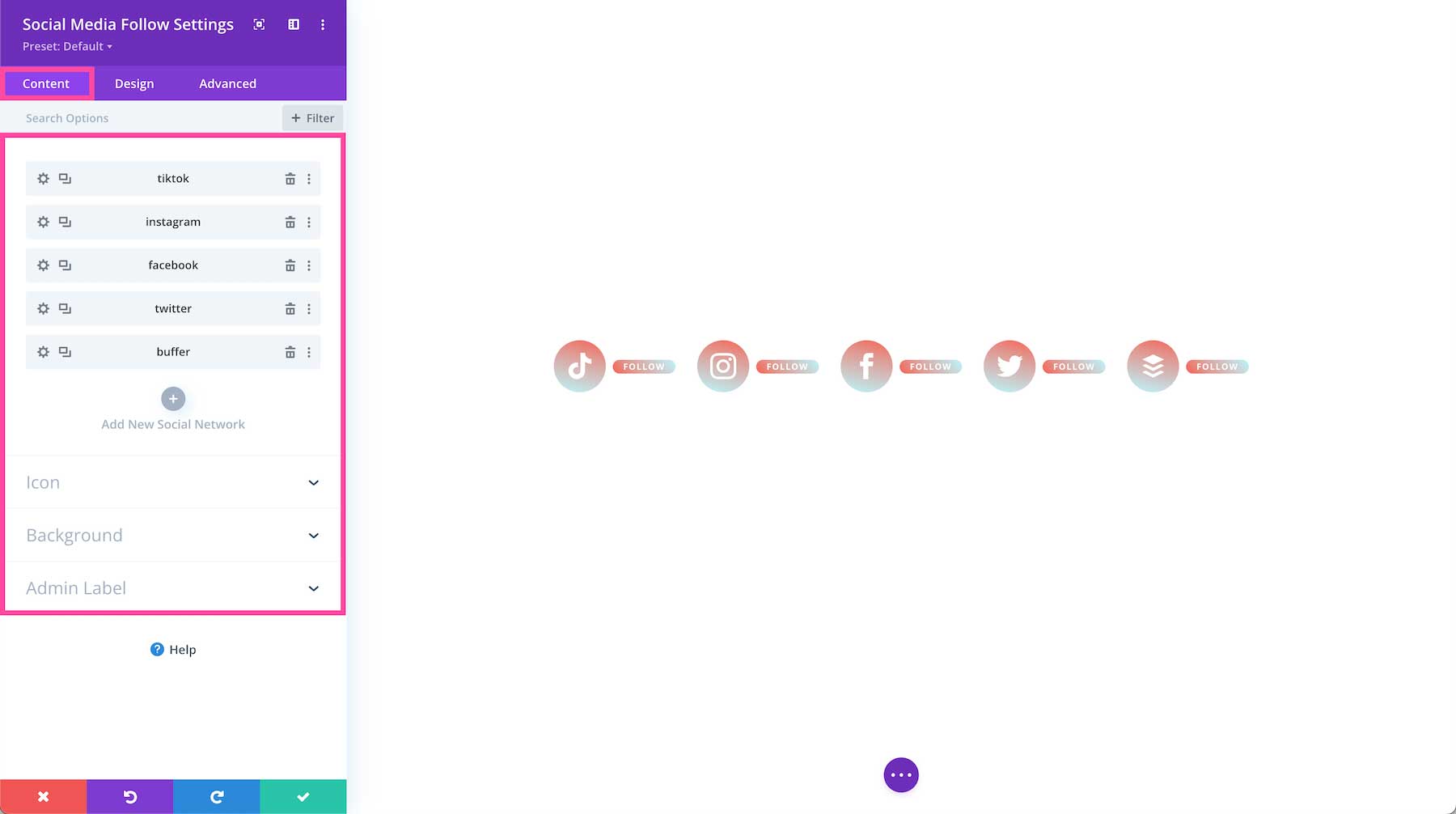 Divi Social Media Module content settings