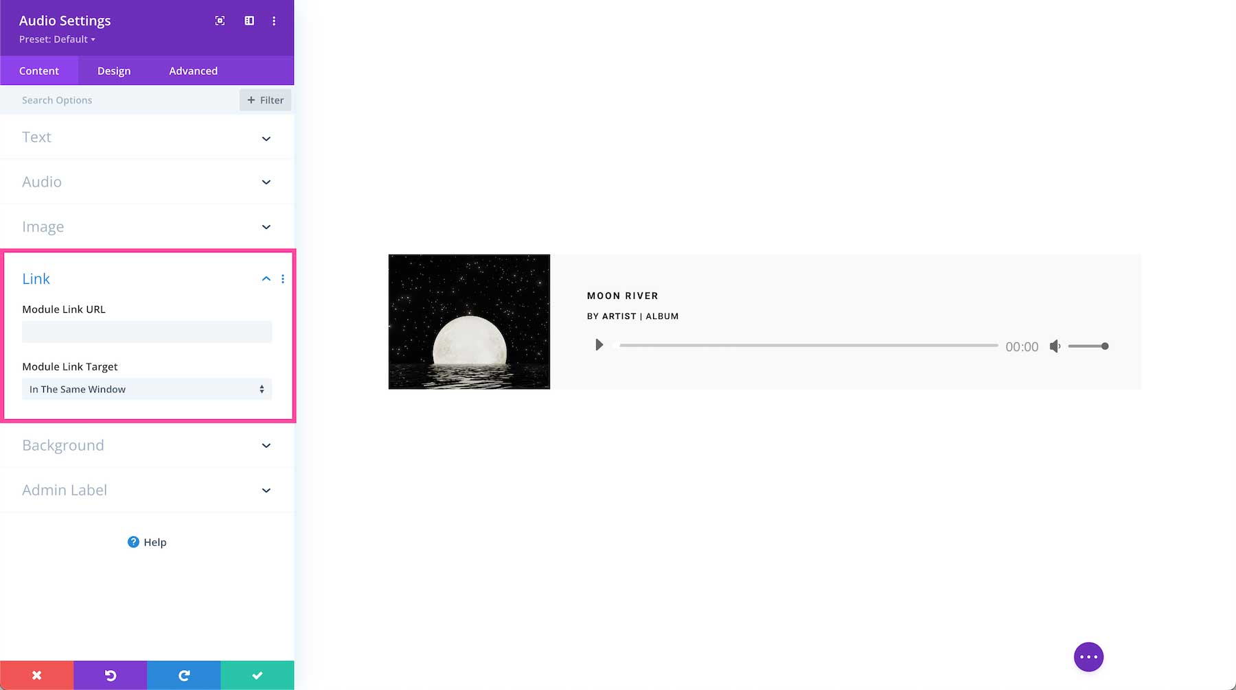 Divi Audio Module link settings