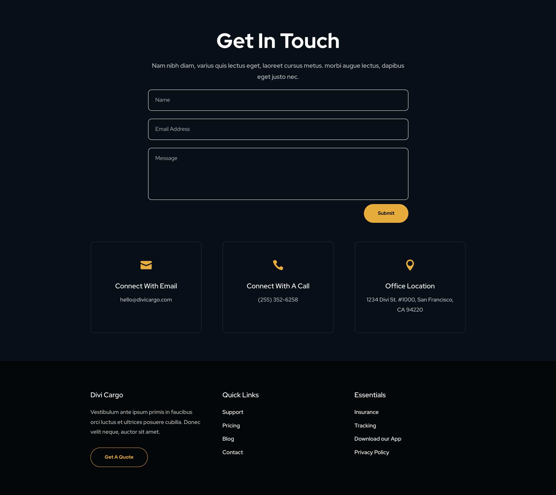 Transport Company Contact Page Divi Layout by Elegant Themes